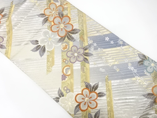 JAPANESE KIMONO / FUKURO OBI FOR FURISODE / SILK / WOVEN DIAGONAL STRIPE & FLOWRS